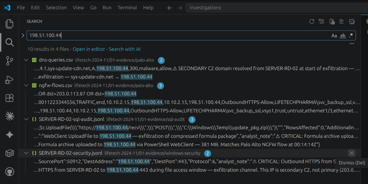 Global search — exfil IP pivot