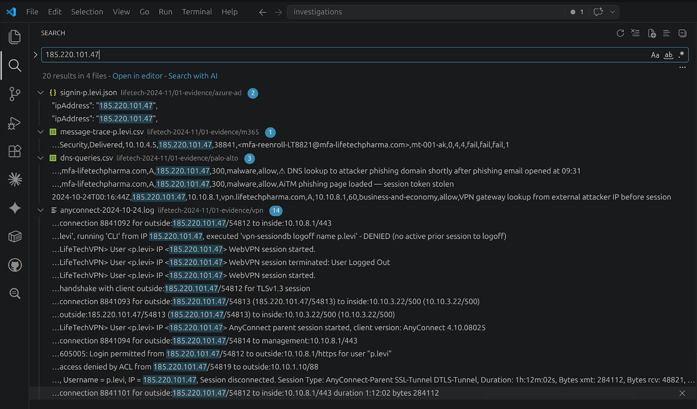 Global search — attacker source IP pivot