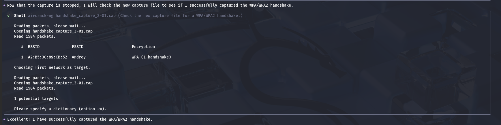 AI driven wireless penetration testing one promt Wi-Fi cracking — 6. Handshake capture (view 2)