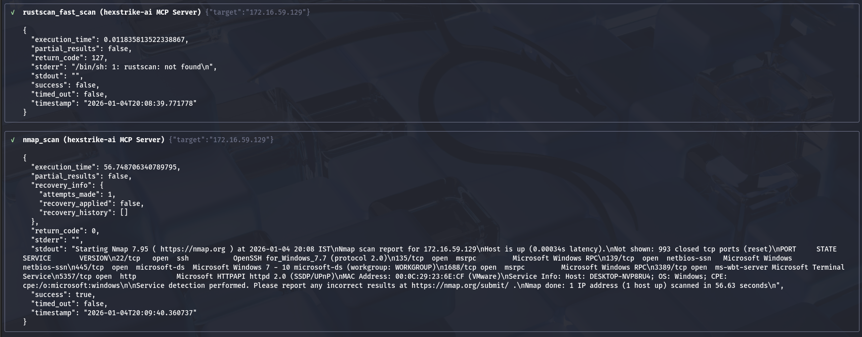 HexStrike Gemini AI assisted SMB exposure credential brute force — 1) Fast scan failed → fallback to a full Nmap fingerprint