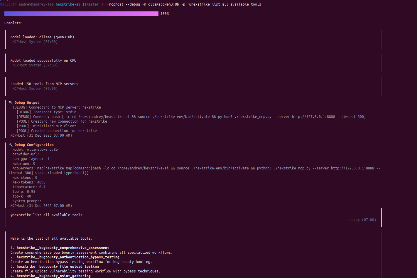 HexStrike MCP orchestration with Ollama Ubuntu host Kali VM SSH bridging and performance — 8.1 Plain LLM (no tools), mcphost one-liner