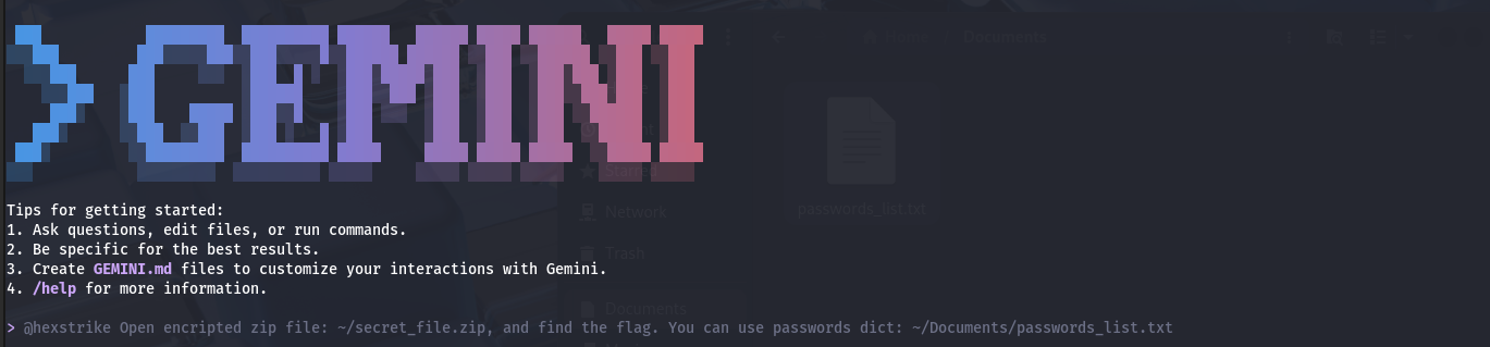 AI driven ZIP password recovery with HexStrike AI and Gemini CLI — 1. Task initiation (LLM-driven)