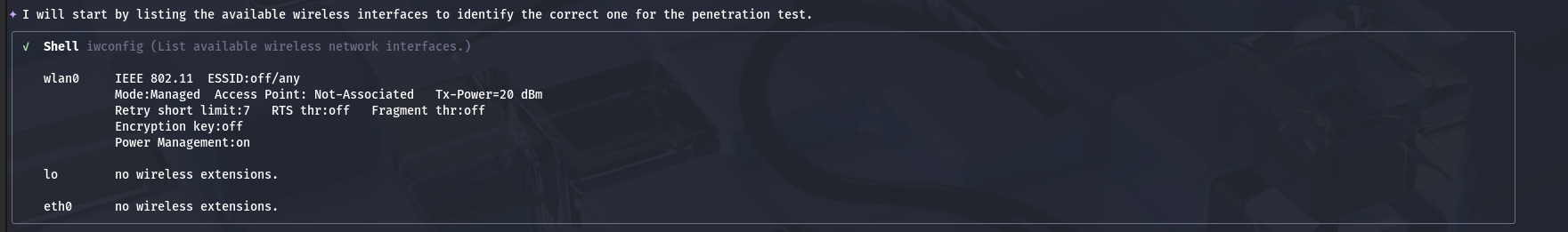 AI driven wireless penetration testing one promt Wi-Fi cracking — 1. Interface discovery