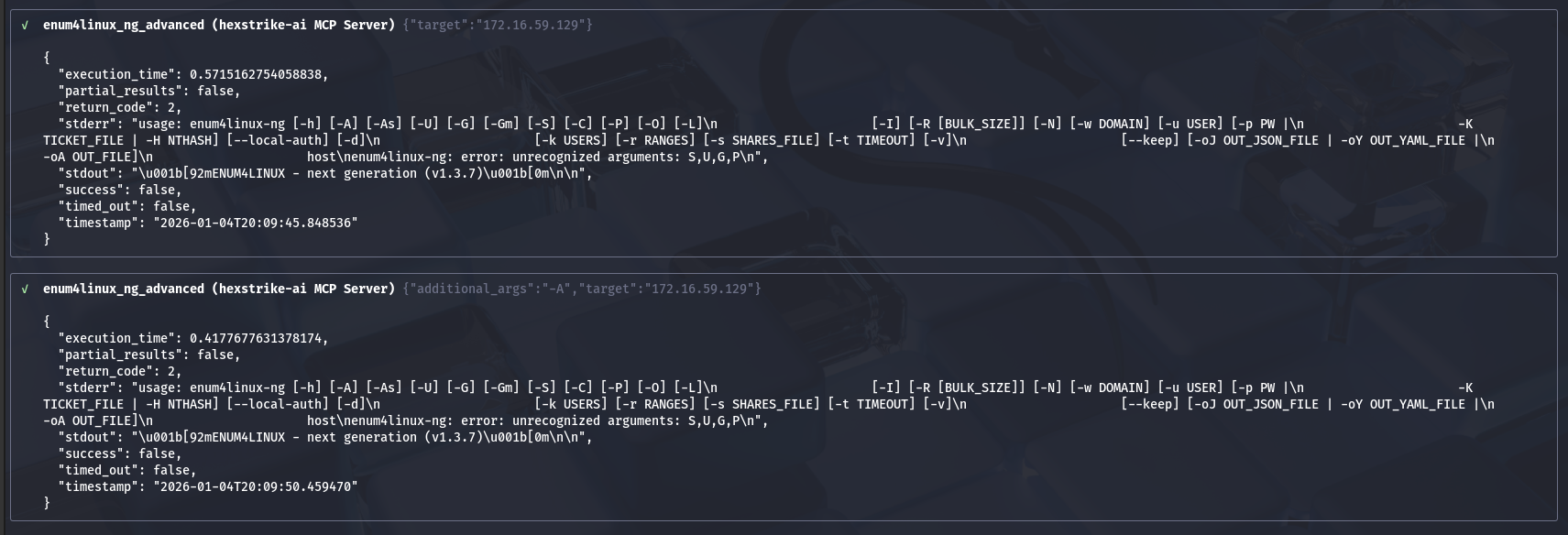 HexStrike Gemini AI assisted SMB exposure credential brute force — 2) SMB enumeration tooling mismatch (enum4linux-ng wrapper issue)
