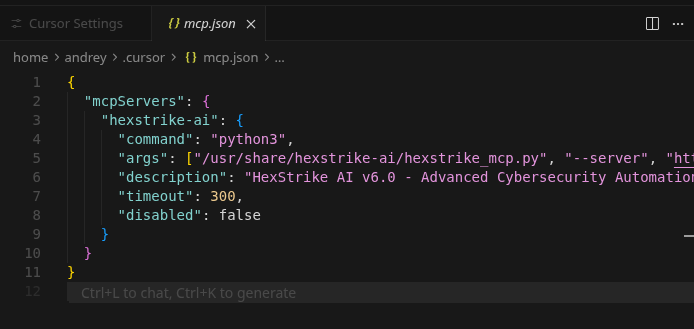 HexStrike AI install configure and run MCP with Gemini OpenAI Cursor Llama — Minimal mcp.json for HexStrike (view 2)
