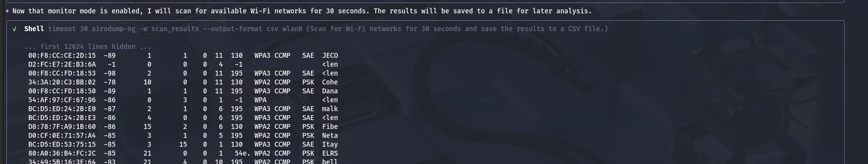 AI driven wireless penetration testing one promt Wi-Fi cracking — 3. Initial wireless scan