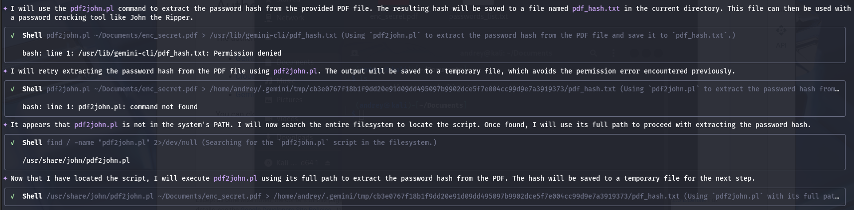 AI driven PDF password recovery with HexStrike AI and Gemini CLI — 4) Second failure: dependency not in PATH
