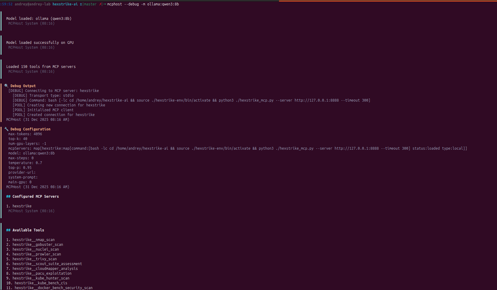 HexStrike MCP orchestration with Ollama Ubuntu host Kali VM SSH bridging and performance — 7.1 Test it: