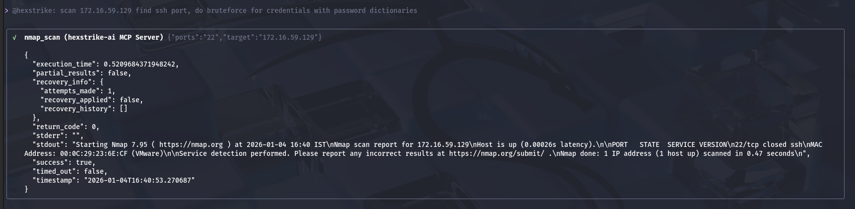 HexStrike Gemini AI assisted SSH credential brute force — 2) Port scanning