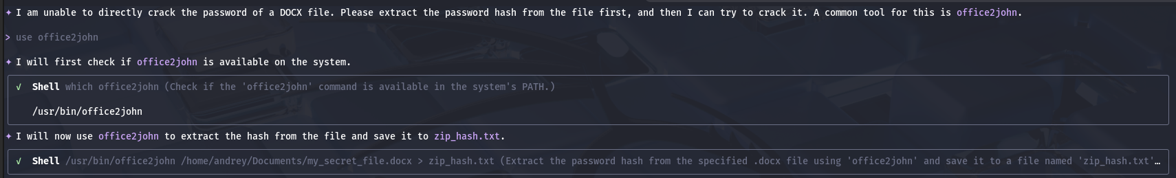 AI driven office documents password recovery with HexStrike AI and Gemini CLI — 4) Second failure: dependency not in PATH