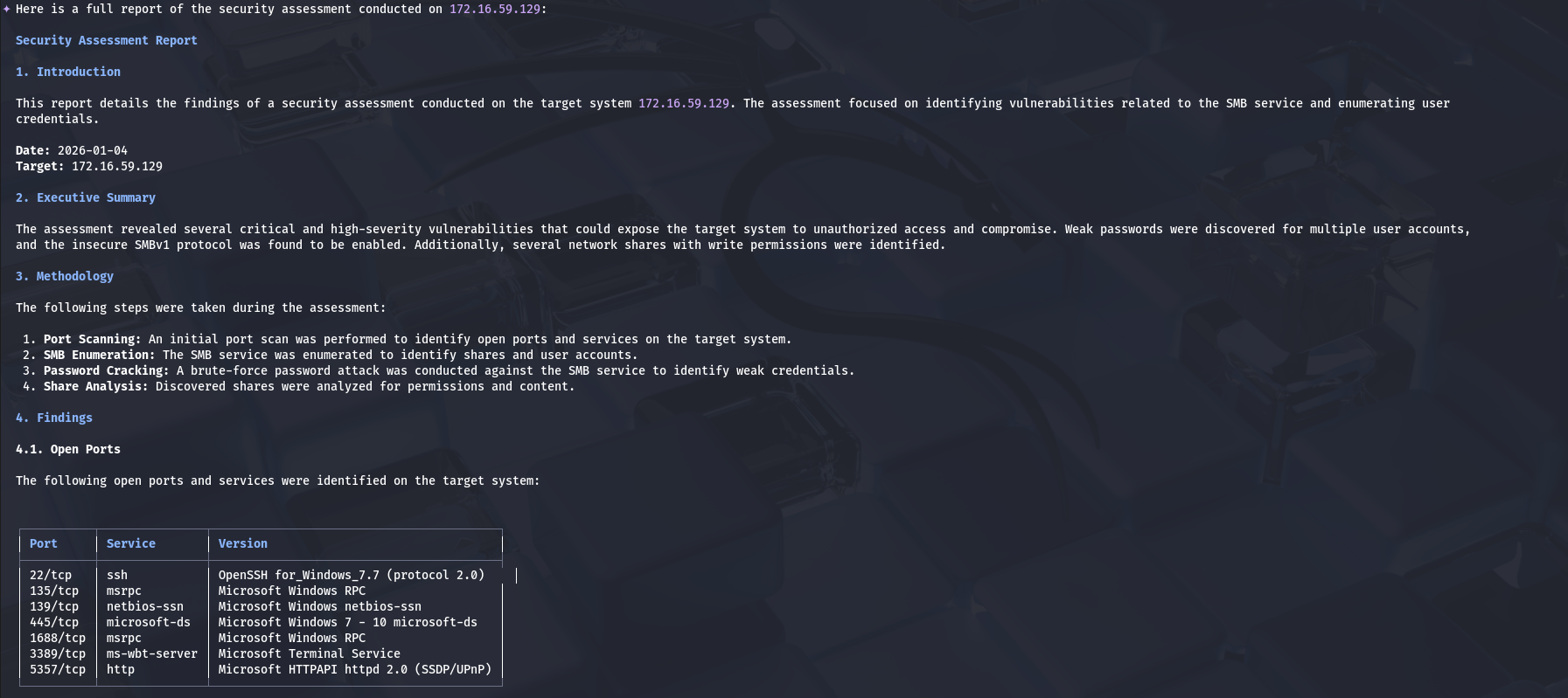 HexStrike Gemini AI assisted SMB exposure credential brute force — Findings summary