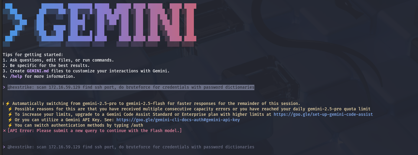 HexStrike Gemini AI assisted SSH credential brute force — 1) Prompt