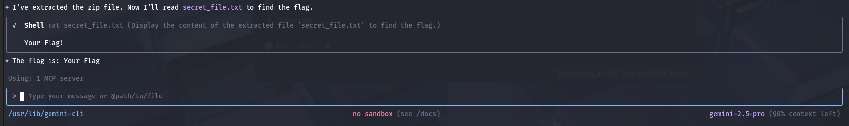 AI driven ZIP password recovery with HexStrike AI and Gemini CLI — 7. Flag retrieval