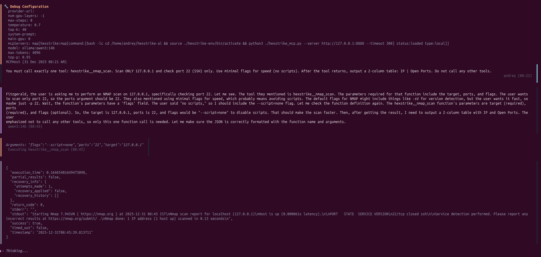 HexStrike MCP orchestration with Ollama Ubuntu host Kali VM SSH bridging and performance — 8.2 Tool-using prompt (HexStrike via MCP)