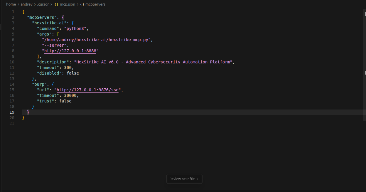 AI assisted web and cloud penetration testing with Cursor MCP HexStrike and Burp suite MCP — Burp Suite MCP Configuration (view 2)