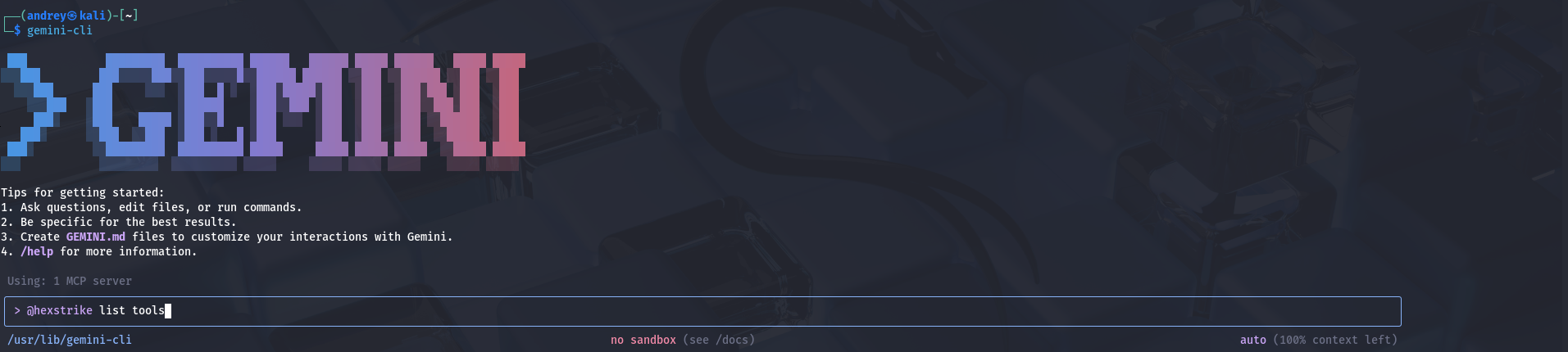 HexStrike AI install configure and run MCP with Gemini OpenAI Cursor Llama — Connecting to Google Gemini (view 4)
