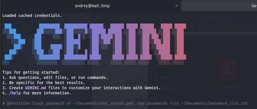 AI driven PDF password recovery with HexStrike AI and Gemini CLI — 1) Task initiation (single high-level prompt)