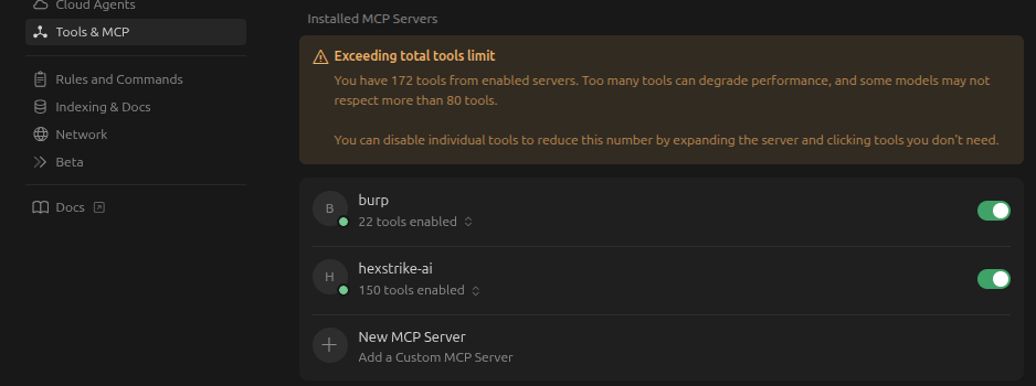 AI assisted web and cloud penetration testing with Cursor MCP HexStrike and Burp suite MCP — Step 4: Verify Integration