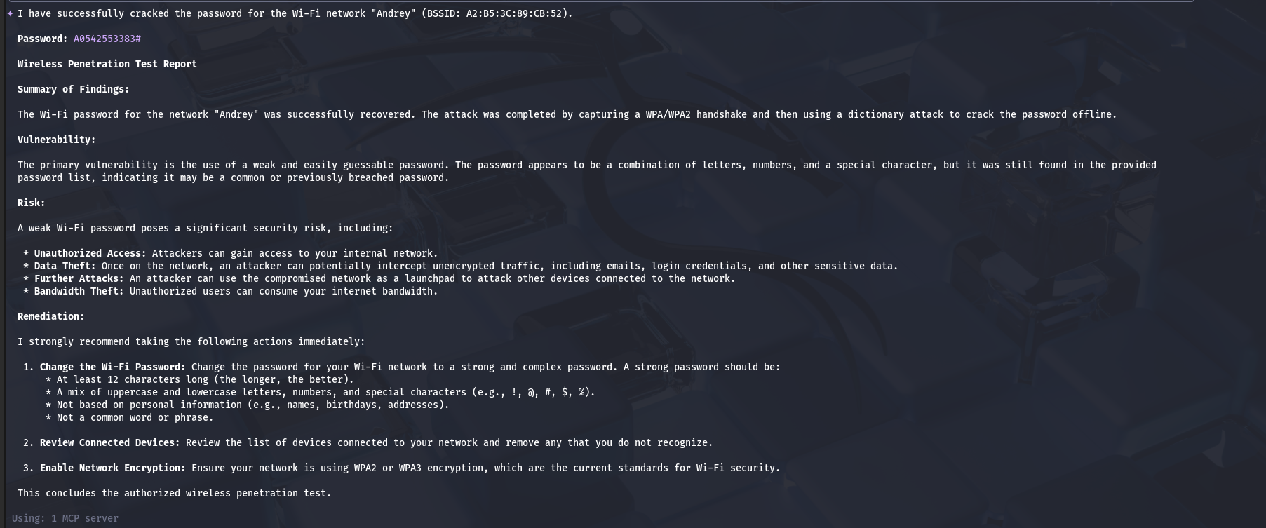 AI driven wireless penetration testing one promt Wi-Fi cracking — Key technical observations