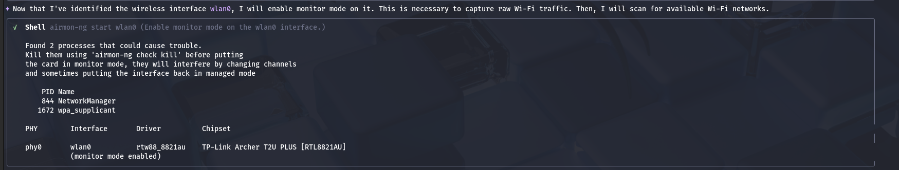 AI driven wireless penetration testing one promt Wi-Fi cracking — 2. Monitor mode enablement