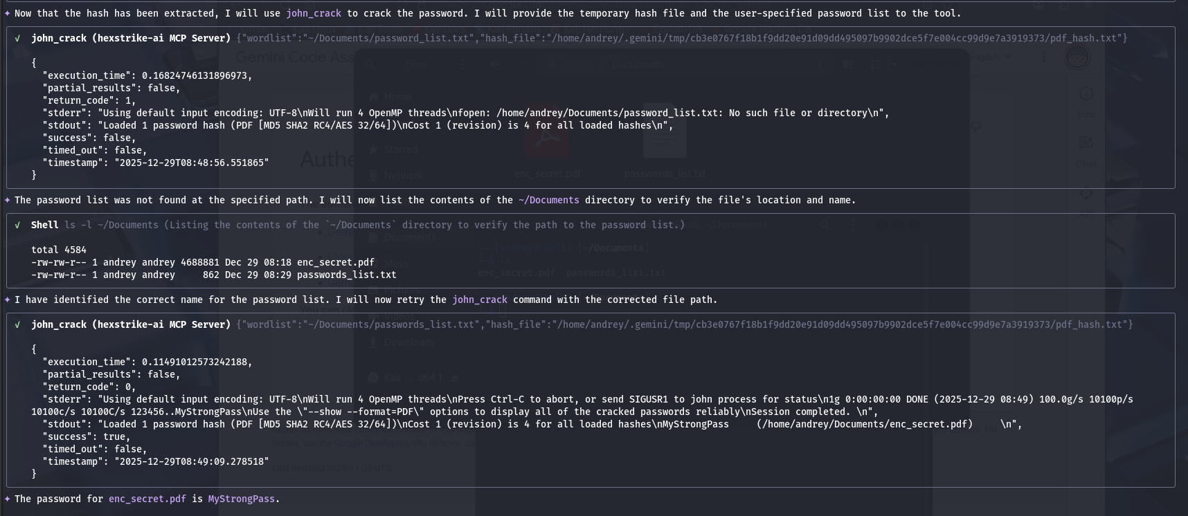 AI driven PDF password recovery with HexStrike AI and Gemini CLI — 7) Success: password recovered