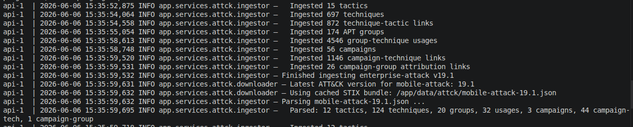 docker compose up — first start with ATT&amp;CK ingestion in progress