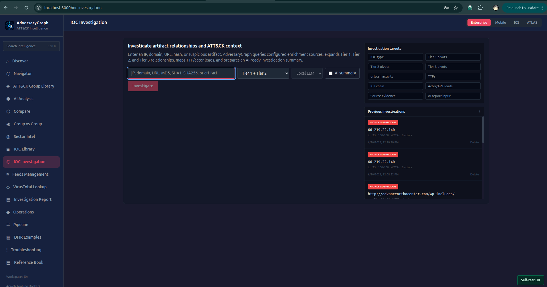 IOC Investigation input form with Tier 1 and Tier 2 depth selection, LLM selector, AI summary checkbox, and investigation target list