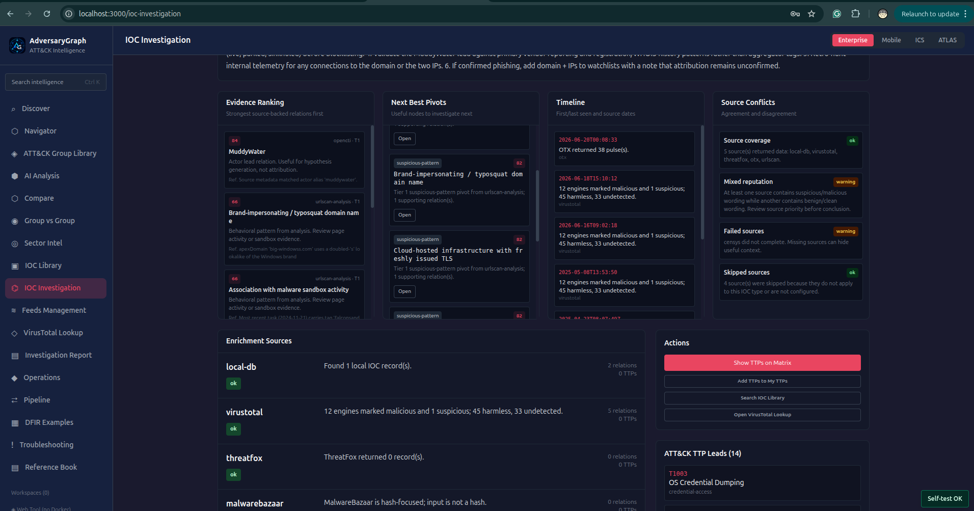 IOC Investigation evidence ranking, next pivots, source timeline, and source conflict panels
