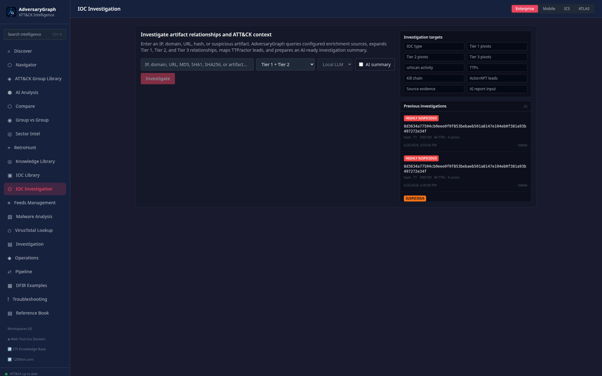 AdversaryGraph IOC Investigation page