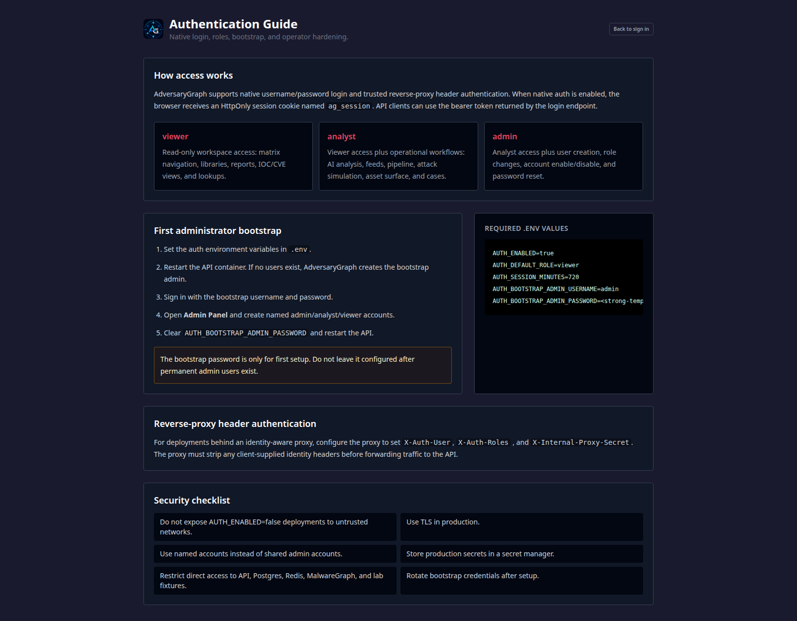 AdversaryGraph Authentication Guide showing roles bootstrap and reverse proxy authentication