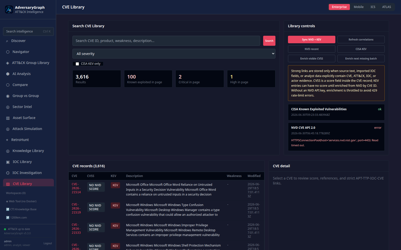 CVE Library showing CVSS KEV metadata and relationship detail panel