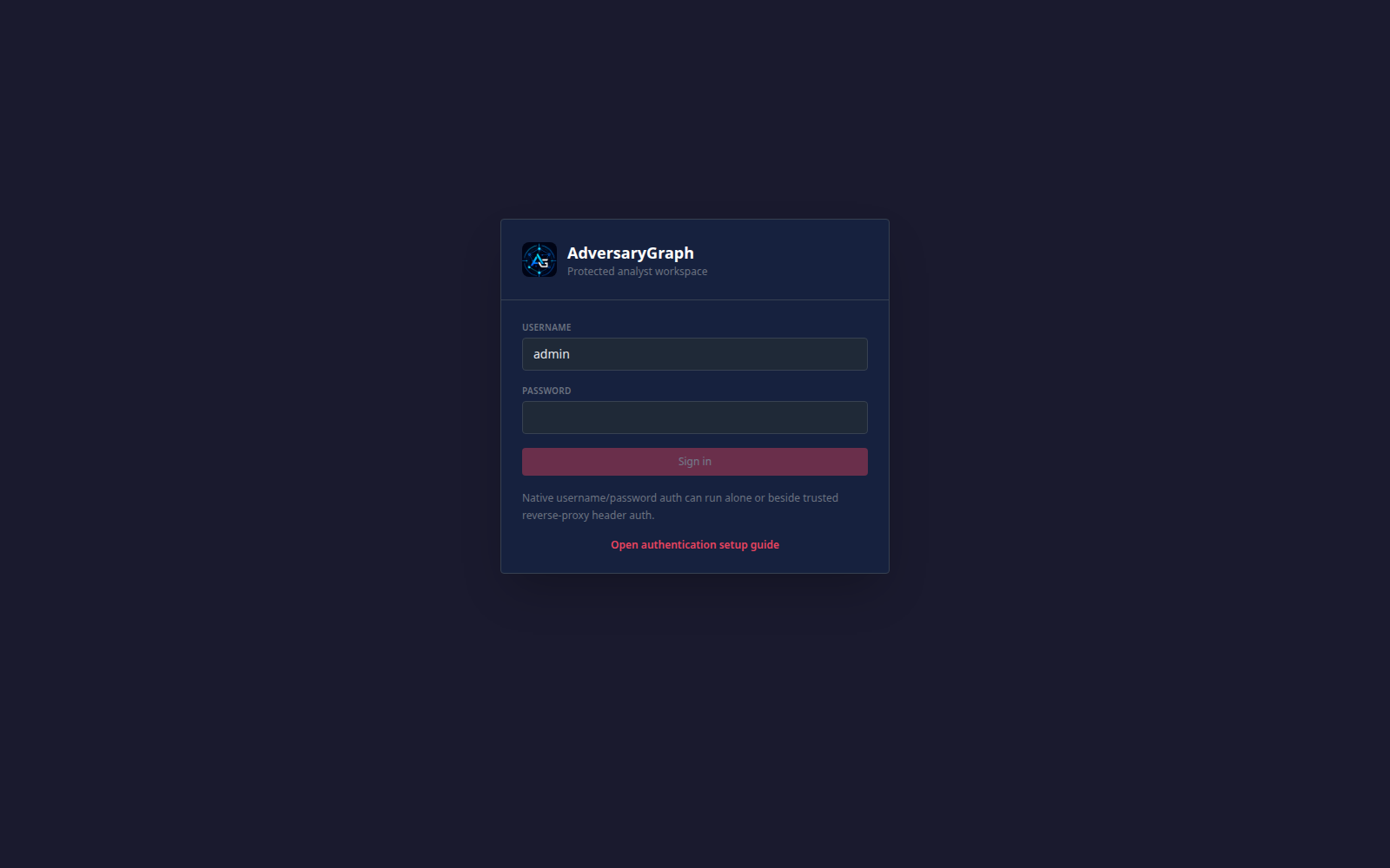 AdversaryGraph login page with username password fields and setup guide link