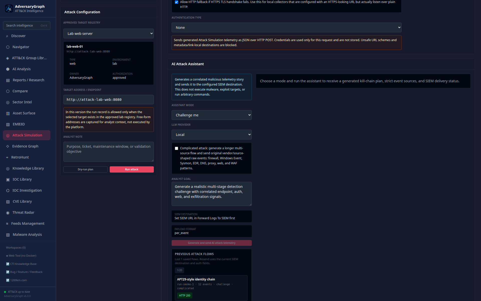 AdversaryGraph v6 Attack Simulation page with approved target, SIEM controls, and AI assistant safety text