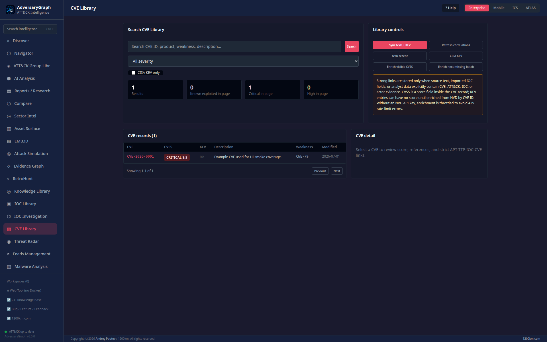 AdversaryGraph v6 CVE Library with vulnerability records and evidence review