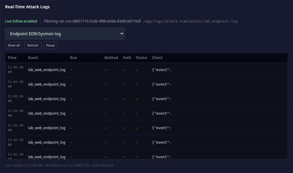 Real-time Attack Simulation log panel