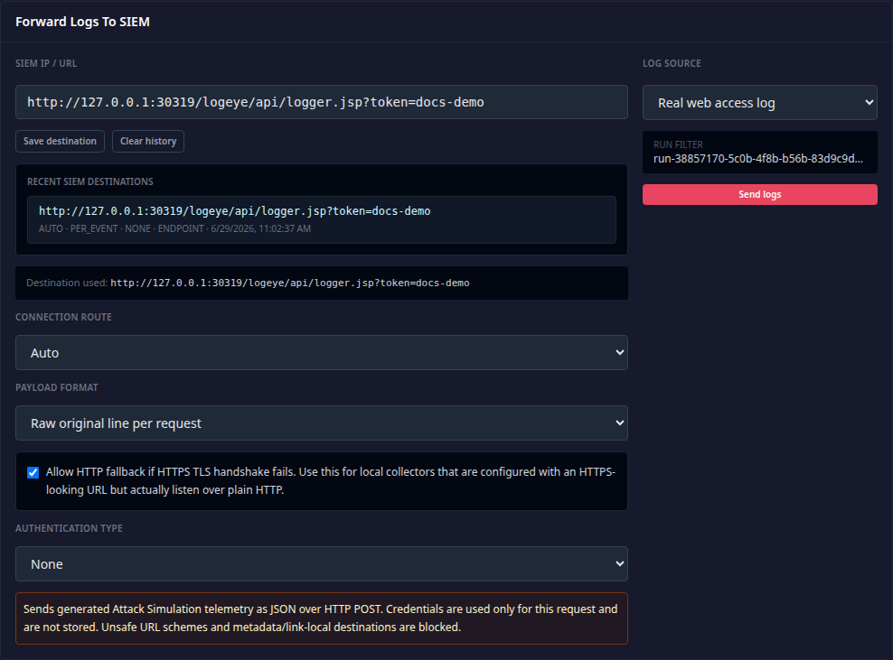 Attack Simulation SIEM delivery status and recent destinations