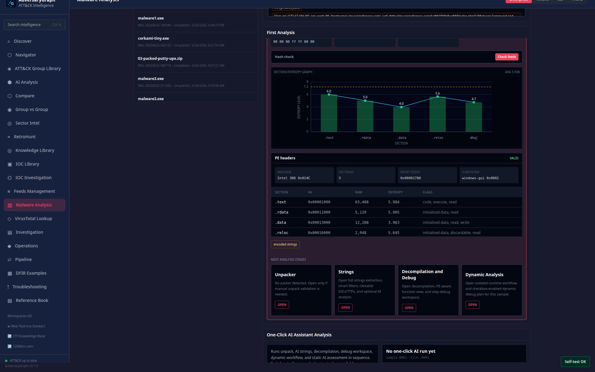 Malware static-analysis report with extracted IOCs and ATT&CK candidates