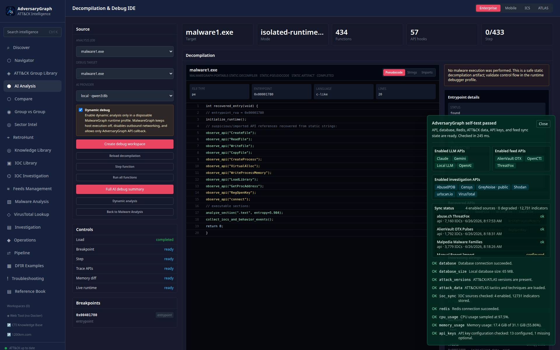 Debugger style decompilation IDE with pseudocode and recovered APIs