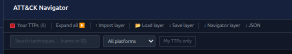 Navigator layer workflow with selected TTPs and ATTACK matrix coverage