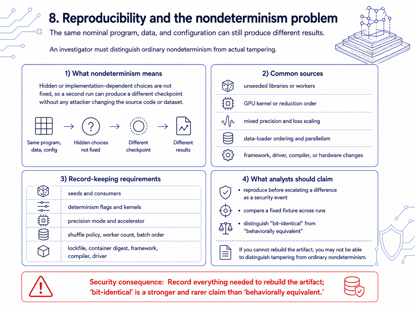 Sources of nondeterminism in seeds, kernels, precision, data loading, frameworks, drivers, and hardware.