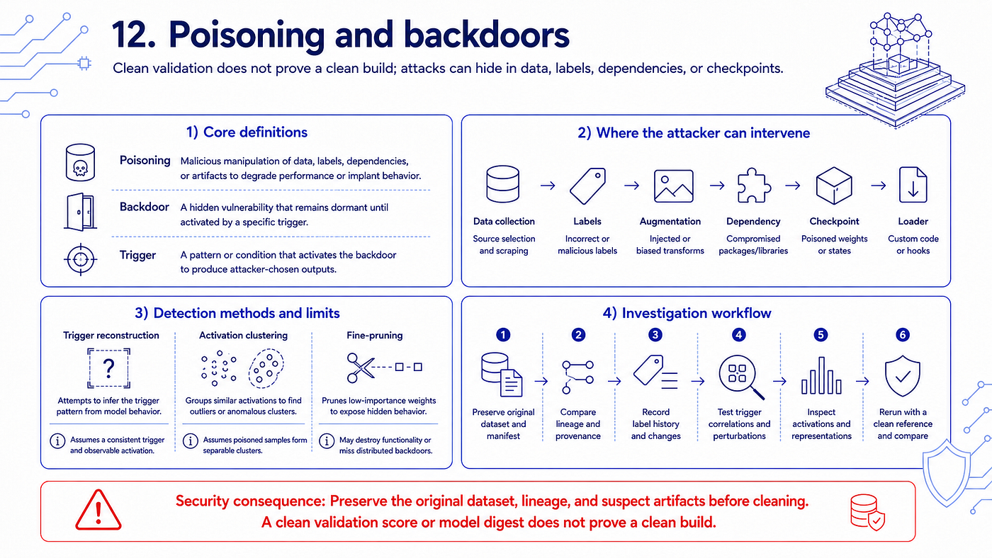 Poisoning and backdoor attack surfaces across datasets, labels, dependencies, checkpoints, and loaders.