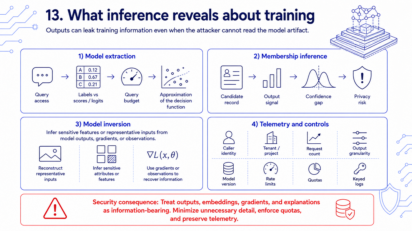 Model extraction, membership inference, and model inversion through inference interfaces.