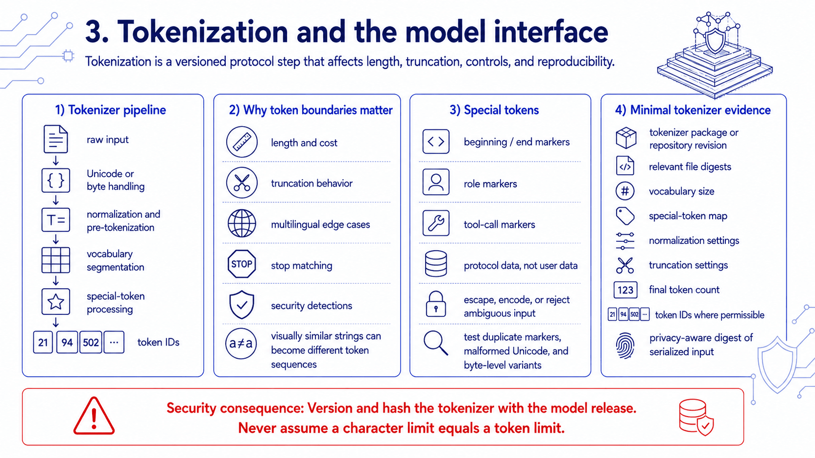 Tokenization pipeline from raw input through normalization, vocabulary segmentation, special-token processing, token IDs, and the evidence needed for security analysis