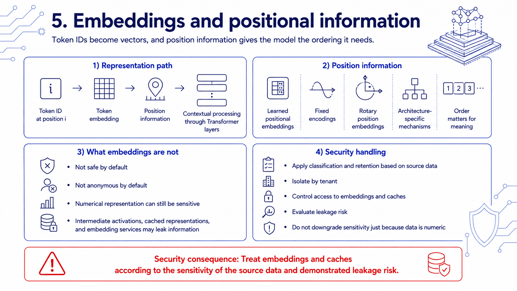Token IDs mapped to learned embeddings and combined with positional information before contextual processing, with security controls for sensitive vector data and caches