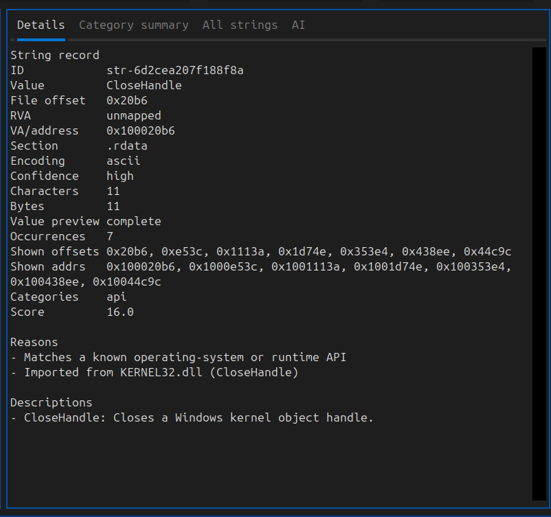 AIDebug category filtering and details view with deterministic reasons and DLL/API descriptions