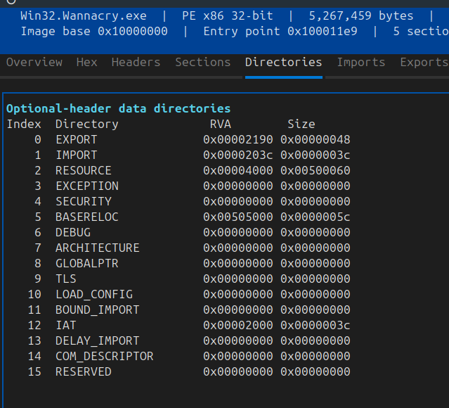 AIDebug optional-header data directories