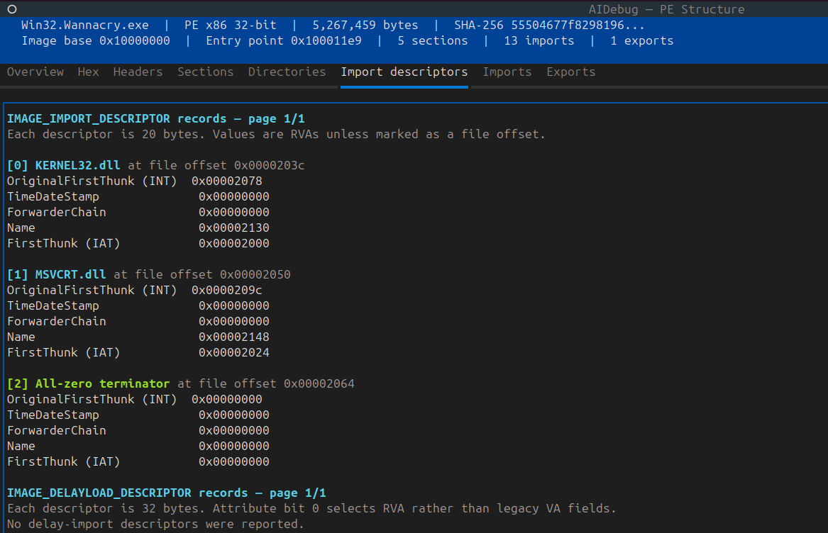 AIDebug delay-import descriptor evidence